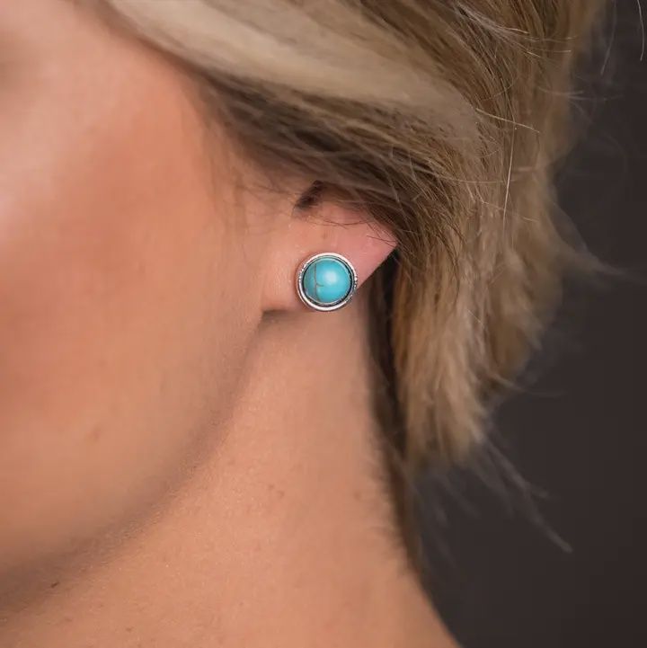 Burnished Silver With Inlayed Turq Stud Earrings