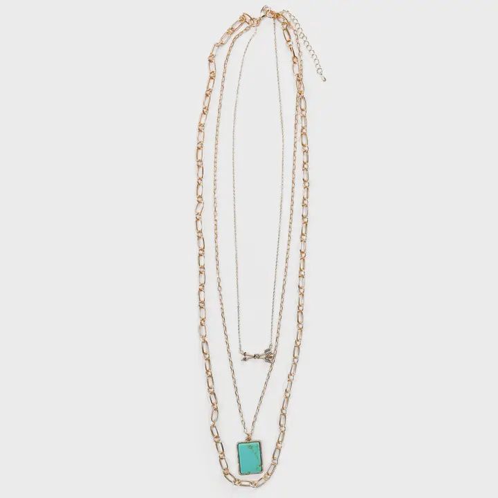 24" Layered Gold Chain Necklace With Arrows and Turquoise Bar Accents