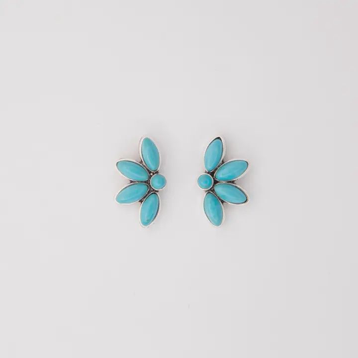 1" Dainty Burnished Silver Half Flower Turquoise Post Earrings
