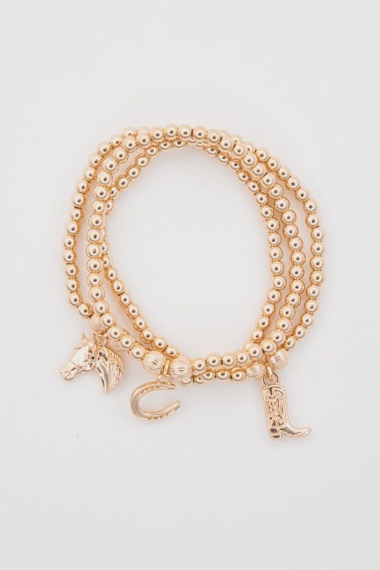 3 Piece Set of Dainty Gold Beaded Stretch Bracelets with Horse Shoe, Cowboy Boot, and Horse Head Charms