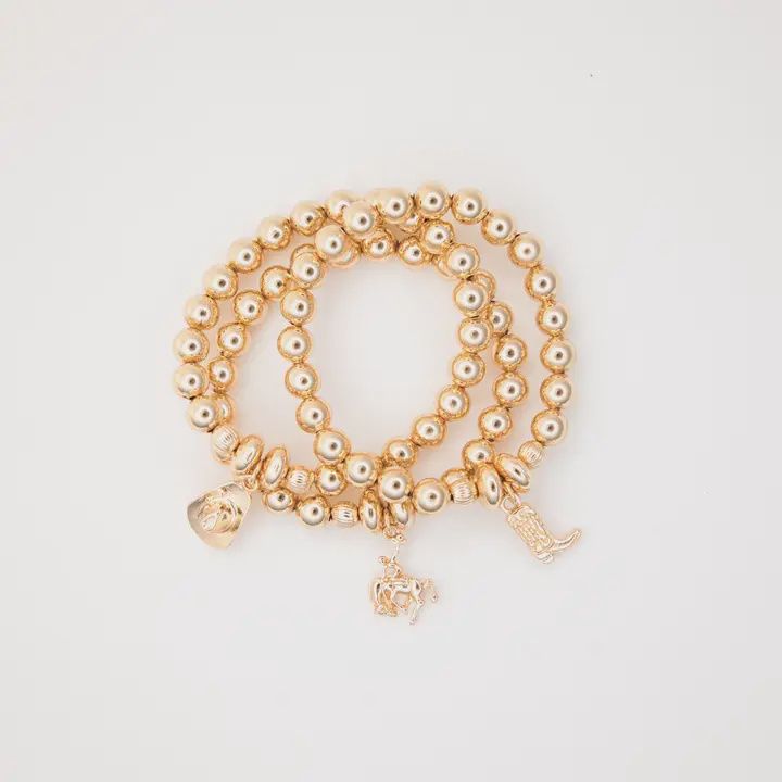 3 Piece Set of Gold Beaded Stretch Bracelets with Cowboy Hat, Cowboy Boot, and Bucking Horse Charm