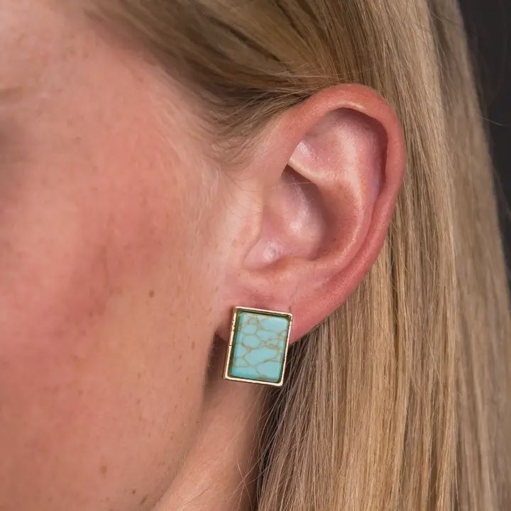 Gold Rectangular Turquoise Stud Earrings