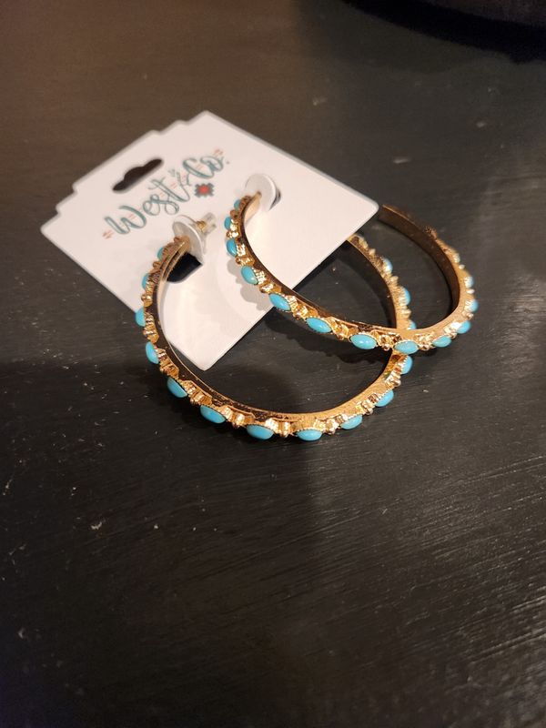 2.5" Gold And Turquoise Petite Point Style Hoop Earrings
