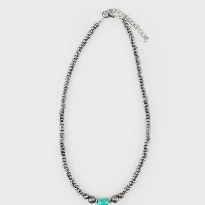 16" Silver Disc Beaded Necklace With Green Turquoise and Faux Navajo Pearl Accent