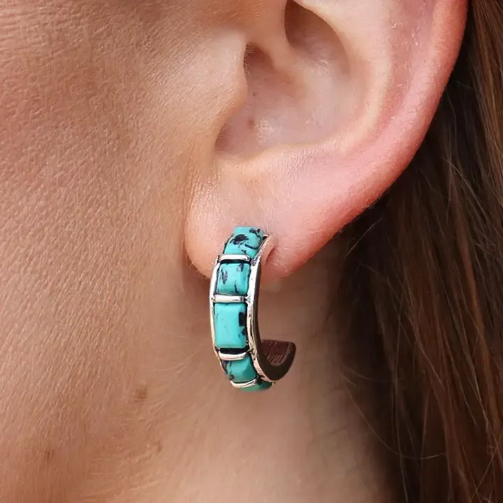 1" Turquoise Inlay Hoop Earrings