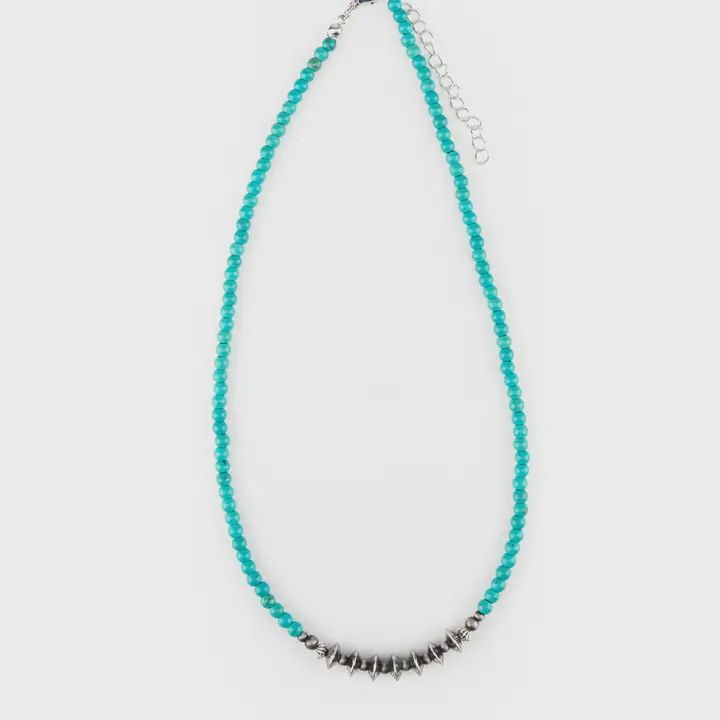 16" Dainty Green Turquoise Beaded Necklace W Silver Disc Accent