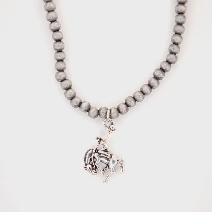 18" Faux Navajo Pearl Beaded Necklace w Burnished Silver Bucking Horse