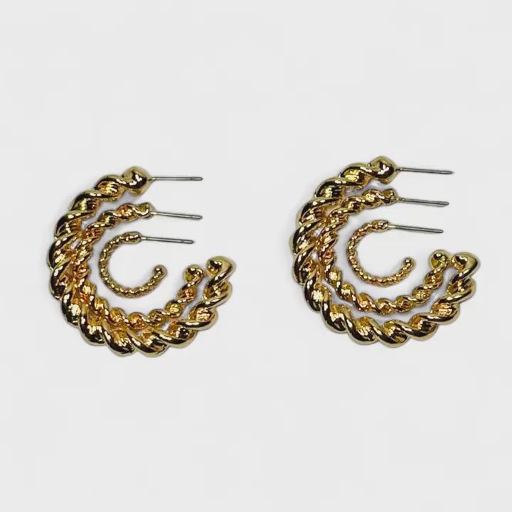 3 Pair of 18K Gold Plated Burnished Twisted Hoops