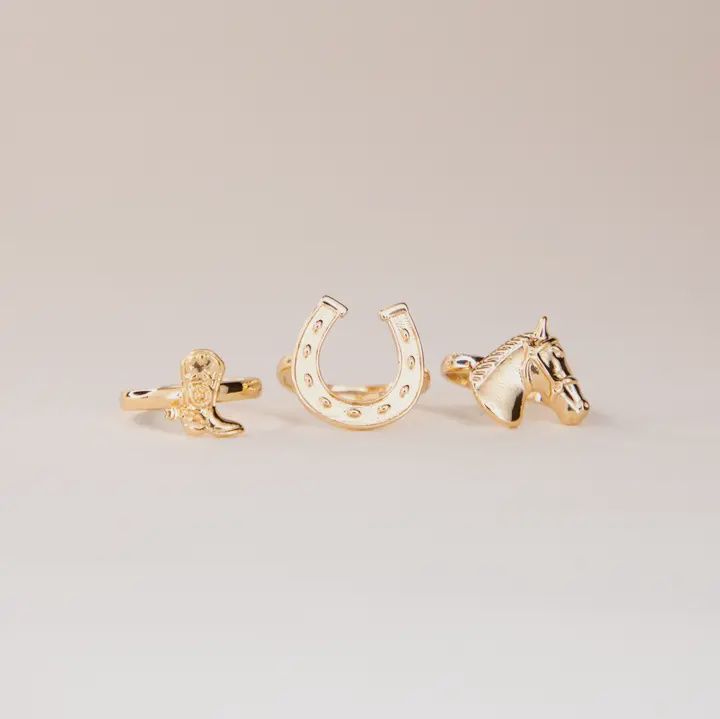 .5" 18K Gold Plated Adjustable Horse Head, Cowboy Boot and Horseshoe Ring Set