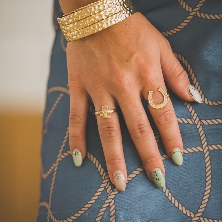 .5" 18K Gold Plated Adjustable Horse Head, Cowboy Boot and Horseshoe Ring Set