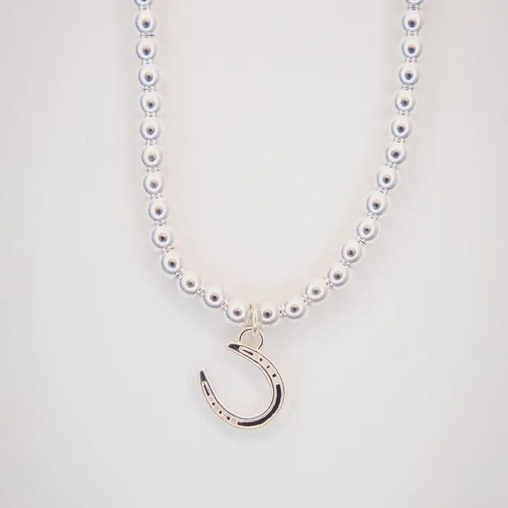 18" 18K White Gold Plated Beaded Necklace with Horseshoe Charm