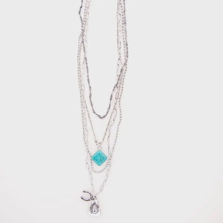 14", 15", 18",&amp; 20" 18K  White Gold Plated Layered Chain Necklace W/ Turquoise Diamond Bead and Western Charms