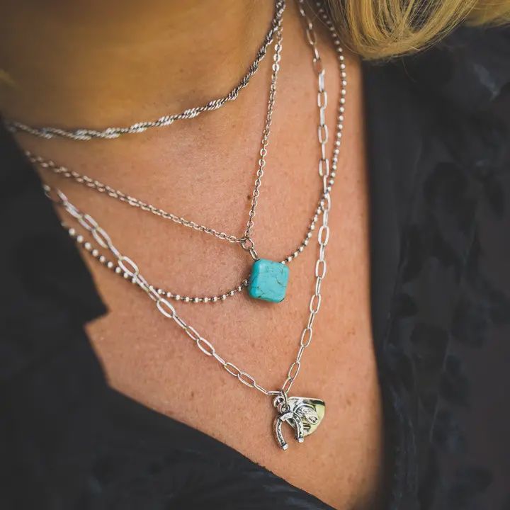 14", 15", 18",&amp; 20" 18K  White Gold Plated Layered Chain Necklace W/ Turquoise Diamond Bead and Western Charms