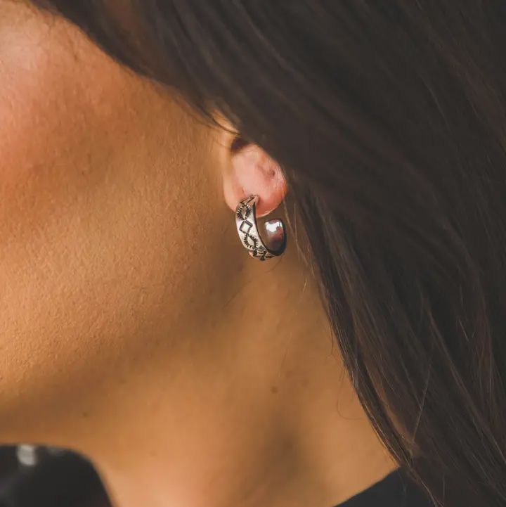 1.25" 18K White Gold Plated Diamond Stamped Hoop Earring