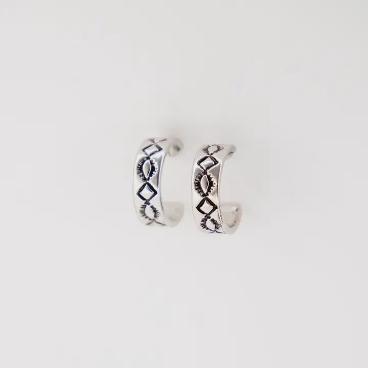 1.25" 18K White Gold Plated Diamond Stamped Hoop Earring