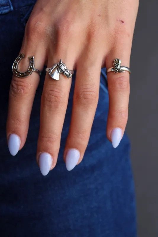 .5" 18K White Gold Plated Adjustable Horse Head, Cowboy Boot, and Horseshoe Ring Set