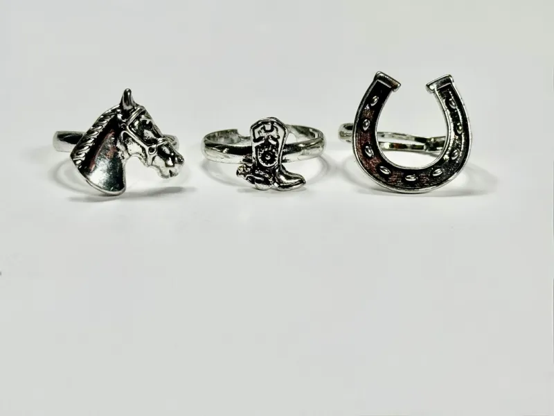 .5" 18K White Gold Plated Adjustable Horse Head, Cowboy Boot, and Horseshoe Ring Set