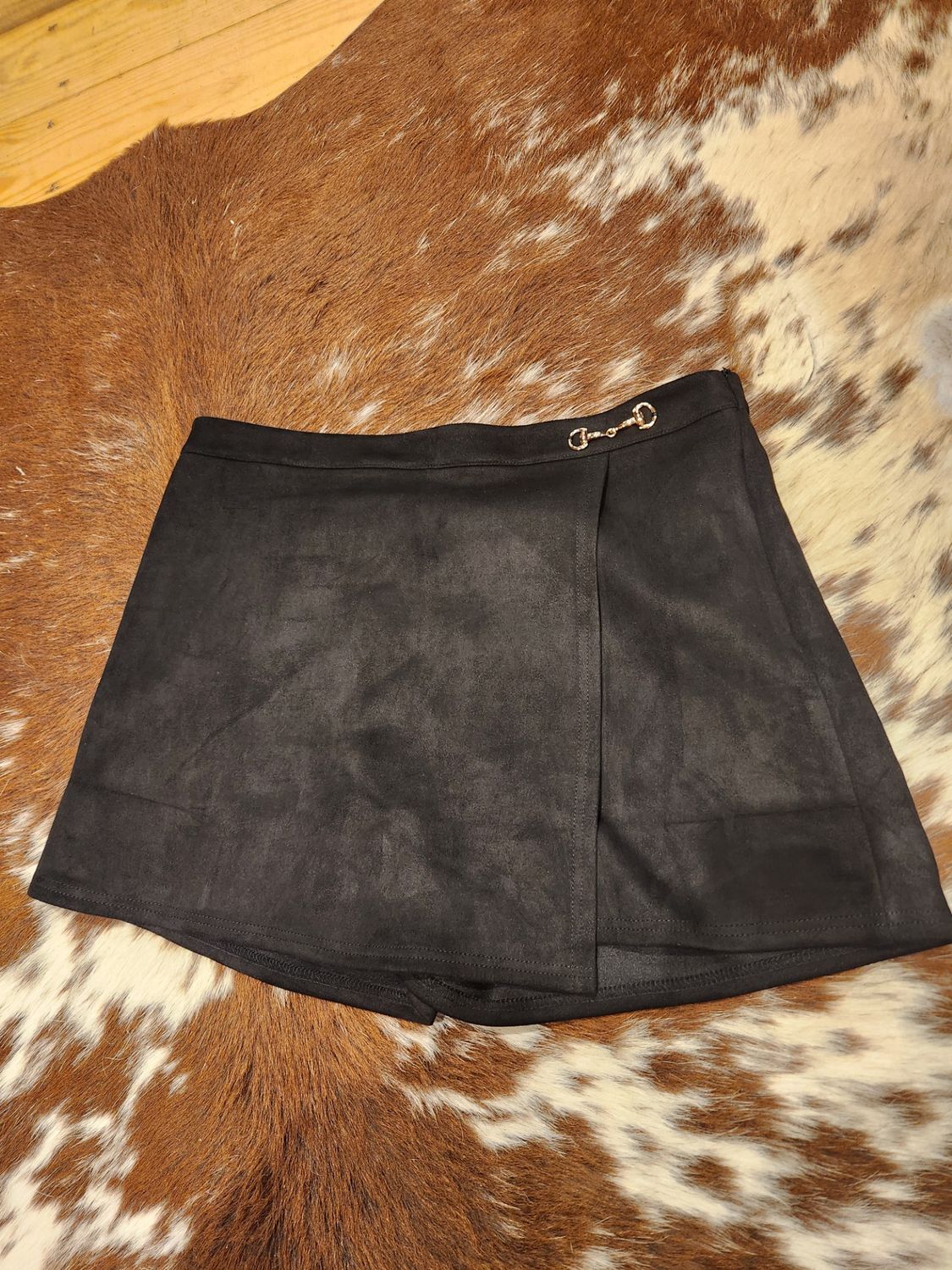 Black Suede Stretch Wrap Skort W Front Horse Bit Buckle