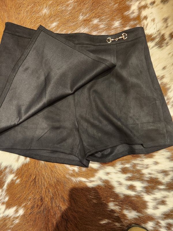 Black Suede Stretch Wrap Skort W Front Horse Bit Buckle