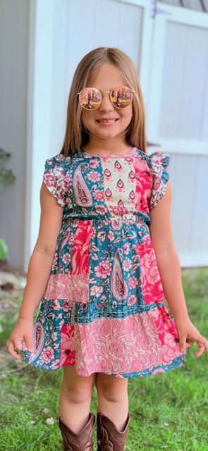 Girl's Pink &amp; Teal Floral Print Dress