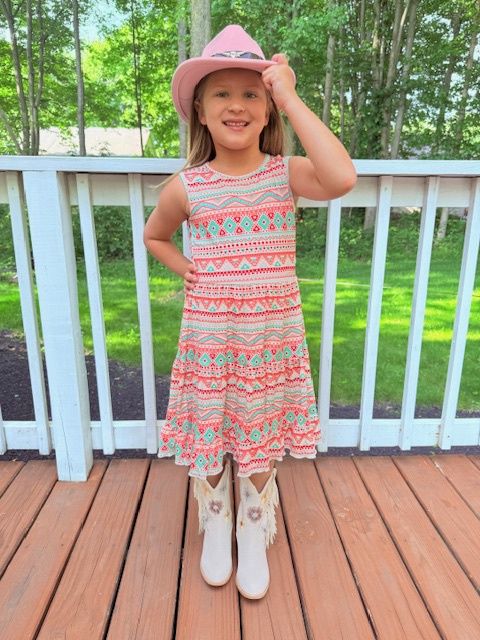 Girl's Coral &amp; Green Western Print Dress