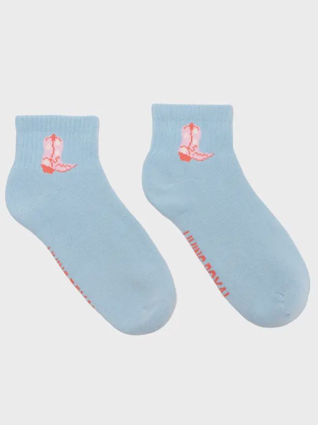 Classic Ankle Socks w/ Ribbed Tubing - Cowgirl Boots - Blue