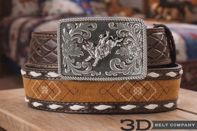 3D Western Belt Boys Diamond Stitch Bull Rider Motif Brown