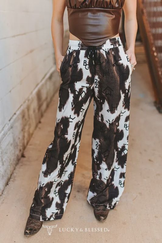 Brown Cowhide Western Cattle Brand Wide Leg Pants