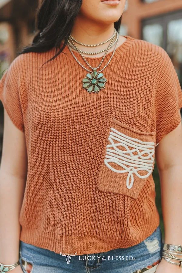 Brown Knit Sweater Boot-Stitch Embroidered Pocket Edge Thread Top