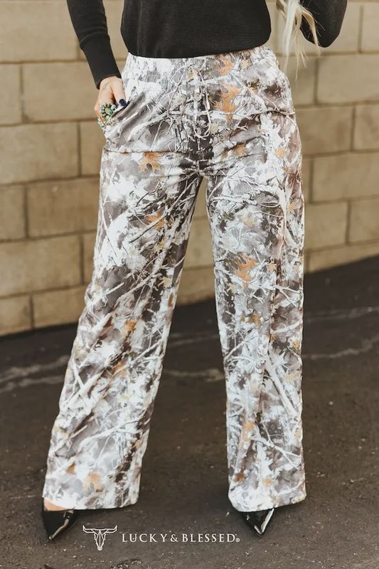 Camo Printed Drawstring High Waisted Wide Leg Pants
