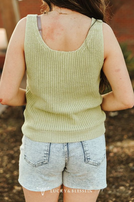 Sage Knit Tank With Braid Rodeo Cactus Embroidered Top