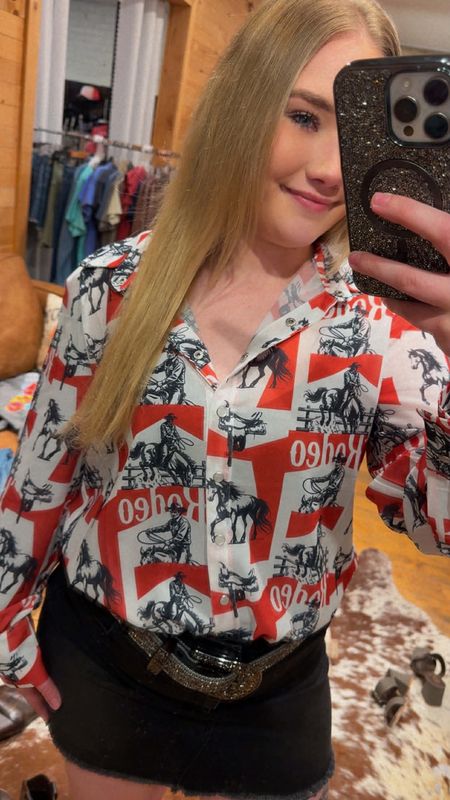 Rodeo Chiffon Button Down Pearl Snap Long Sleeve Collared Shirt