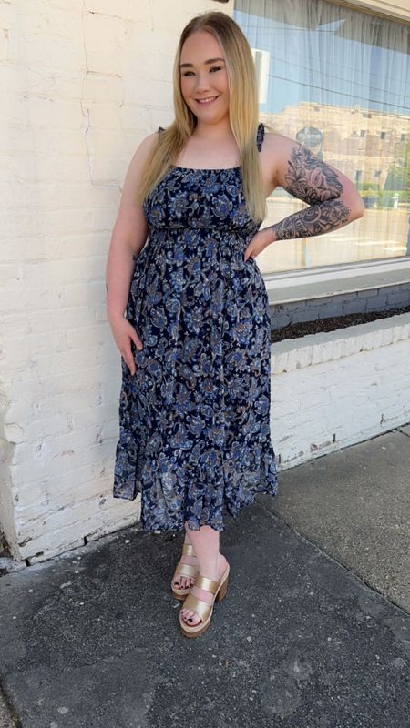 Long Navy Floral Ruffle Strap Dress