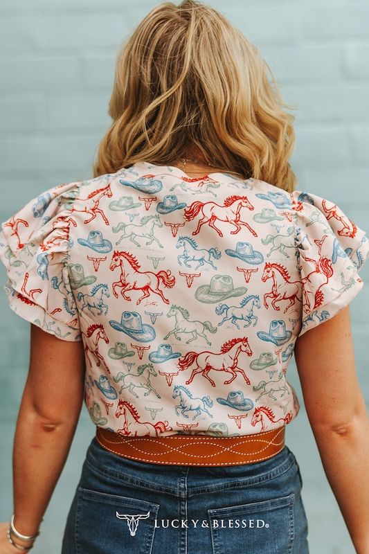 Running Horse Contrast Printed Double Flutter Short Sleeve Top