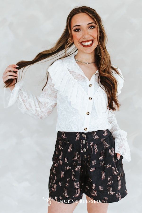 Boots Printed Concho Button Down Elastic Waistband Shorts