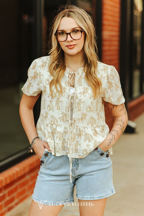 Cowboy Horse Cream Printed Embroidered Front Tie Puff Sleeve Top