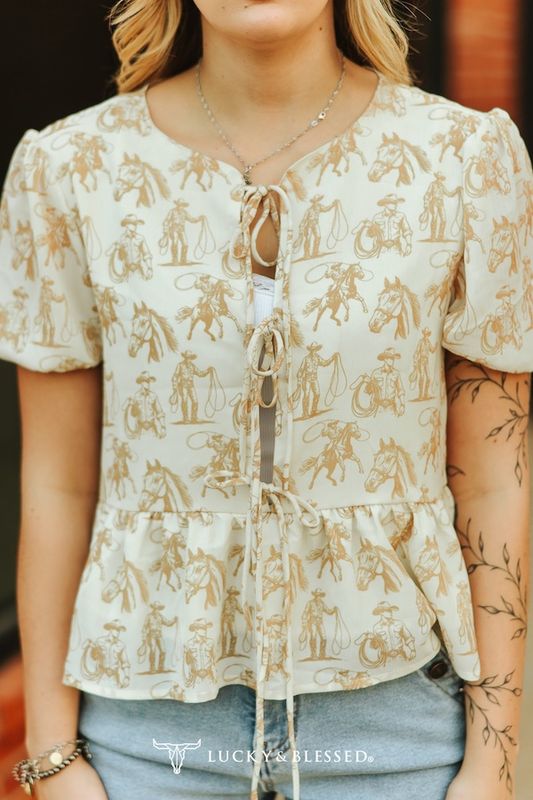 Cowboy Horse Cream Printed Embroidered Front Tie Puff Sleeve Top