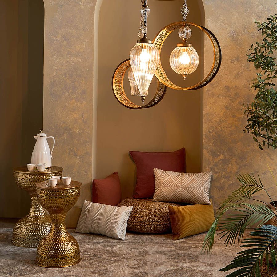 Copper Chandelier - 2 lines of brass rings + 1 line pyrex glass