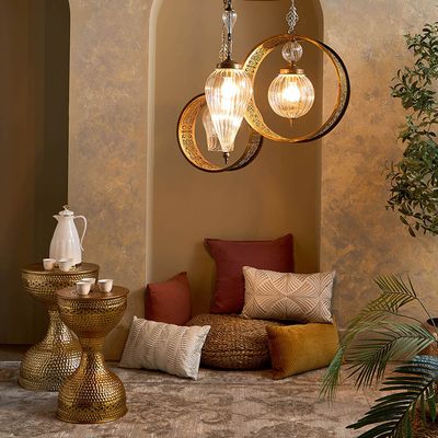Copper Chandelier - 2 lines of brass rings + 1 line pyrex glass