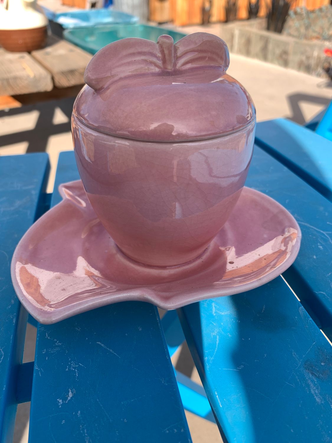 VTG RED WING POTTERY USA Gypsy Trail Pink Apple Lidded Jam Jar Attached Plate