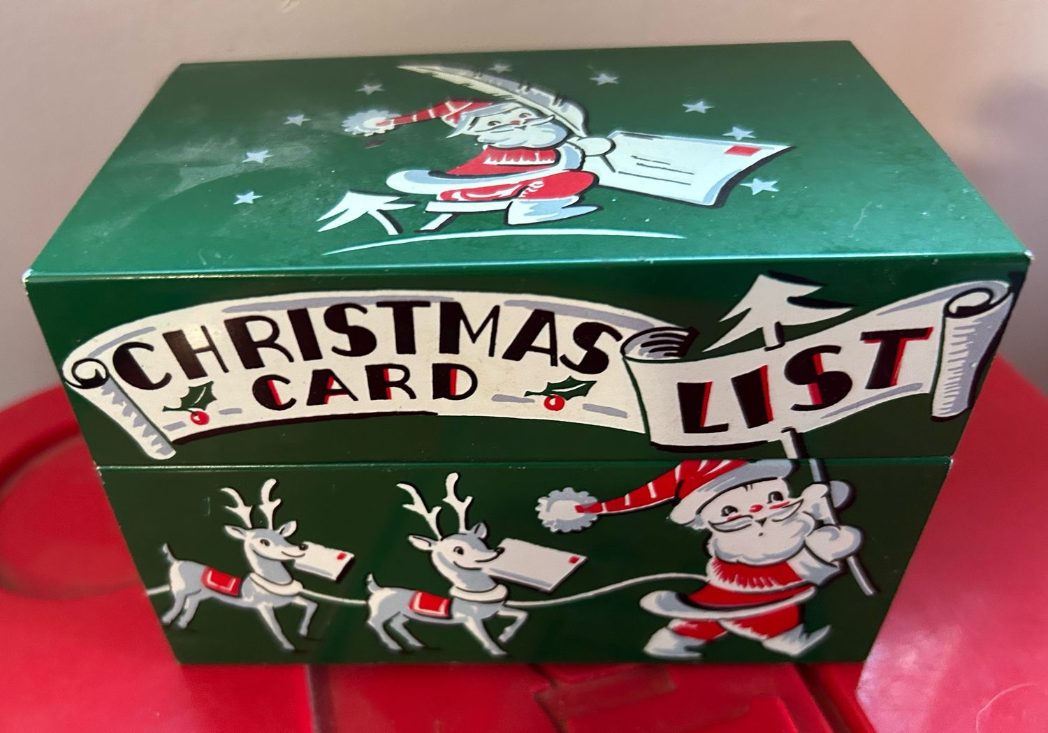 VINTAGE SANTA CHRISTMAS CARD LIST RECIPE FILE BOX-TIN LITHO METAL 1950S