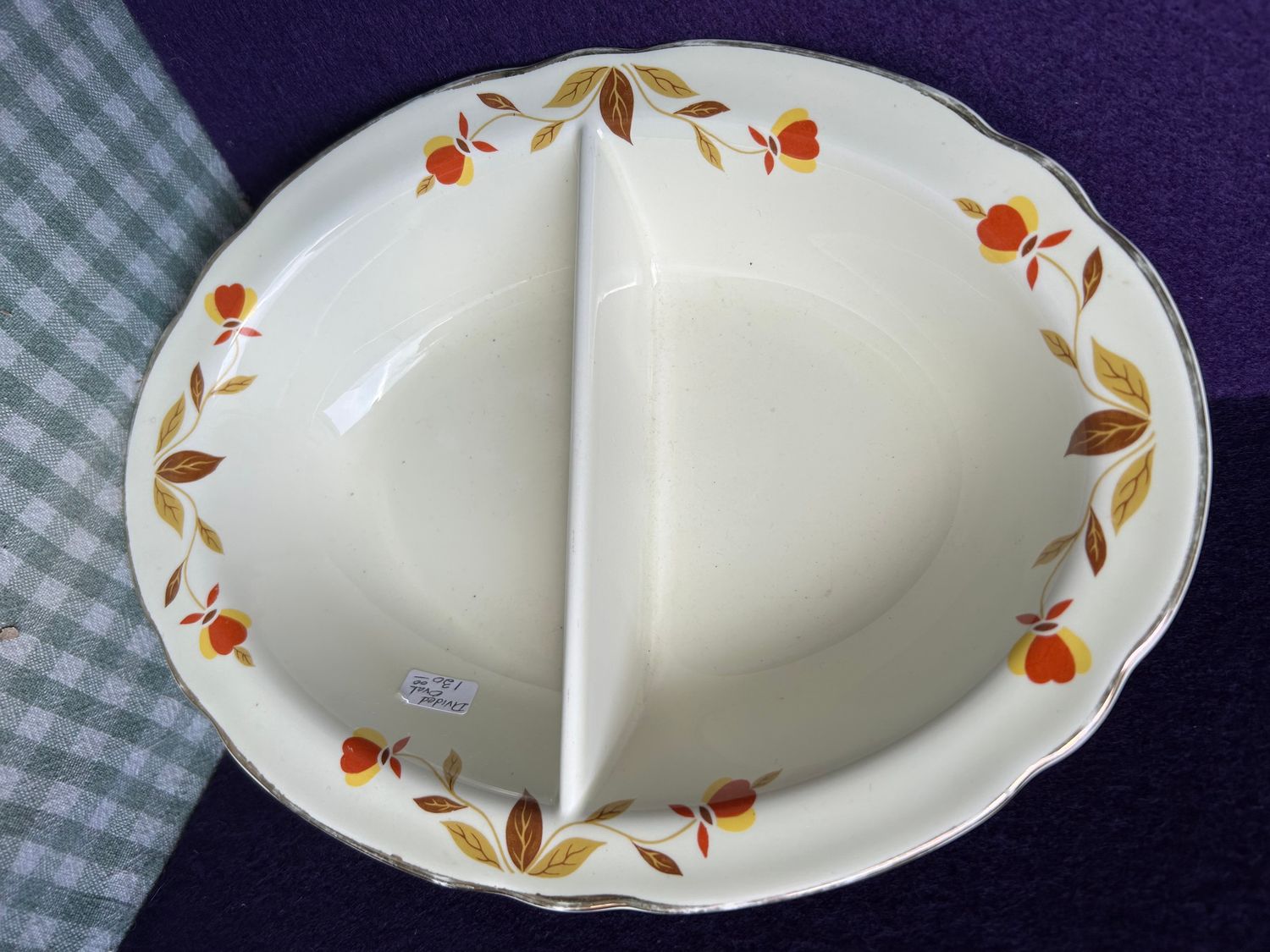 HALL CHINA AUTUMN LEAF 10.5&quot; RUFFLED D STYLE OVAL DIVIDED VEGETABLE BOWL