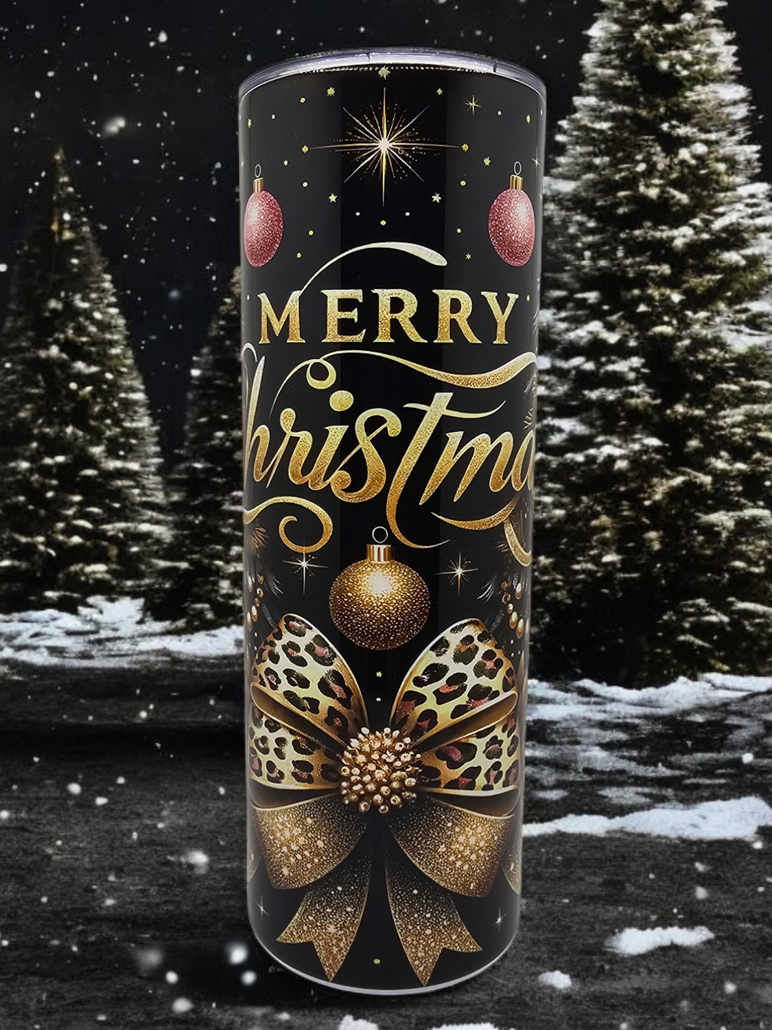 Merry Christmas with Chocolate Bow Stainless Steel 20 oz. Skinny Tumbler