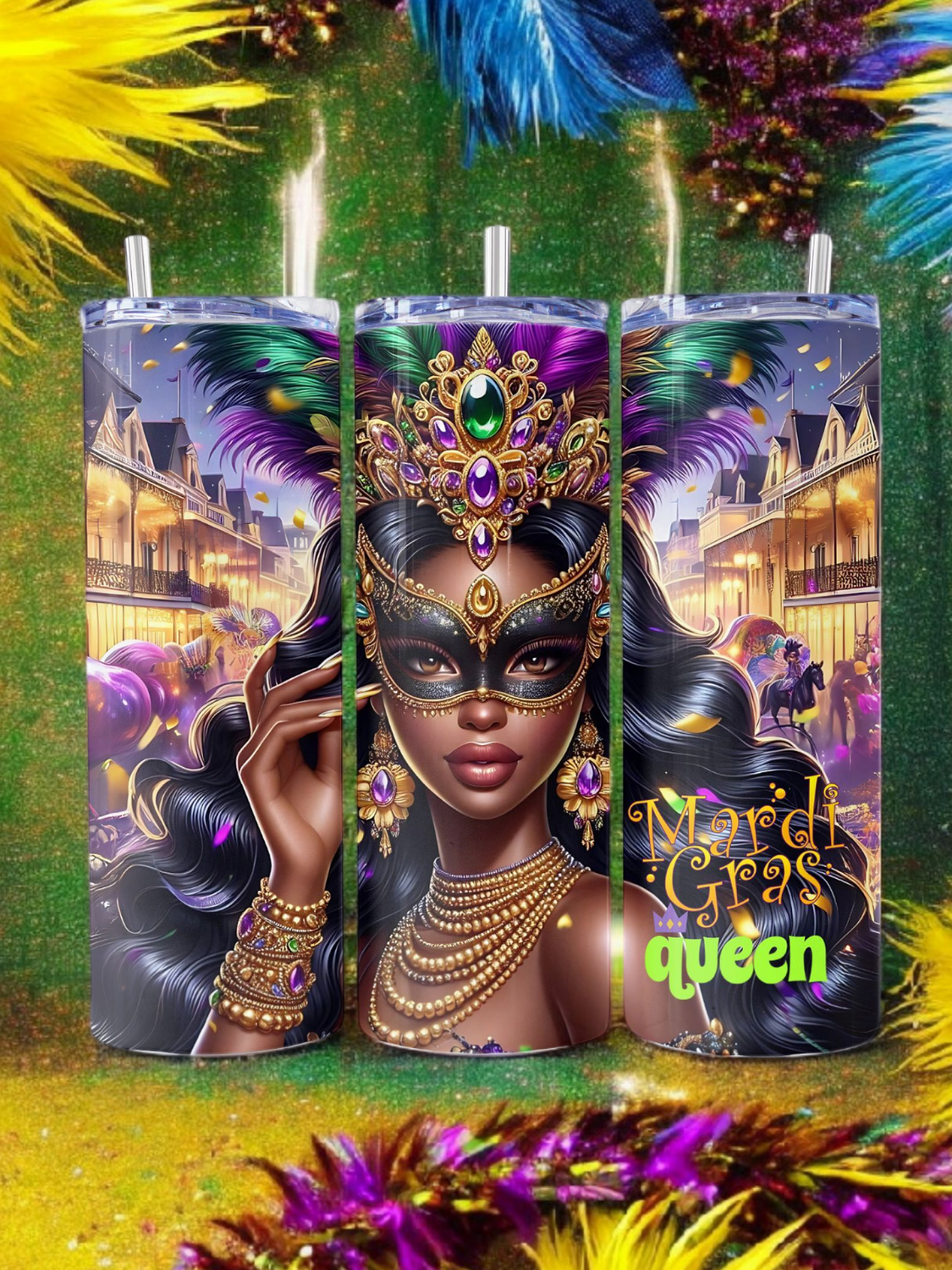 Mardi Gras Black Female Stainless Steel 20 oz. Skinny Tumbler