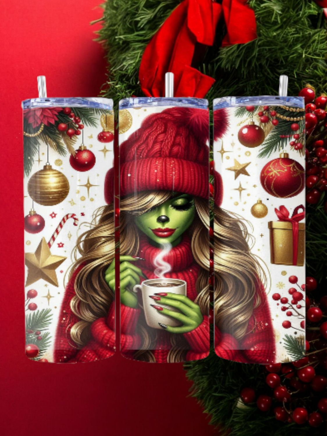 Grinch Girl Red Sweater Stainless Steel 20 oz. Skinny Tumbler