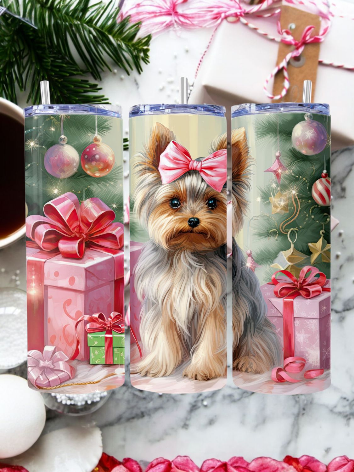 Yorkie Christmas Stainless Steel 20 oz. Skinny Tumbler