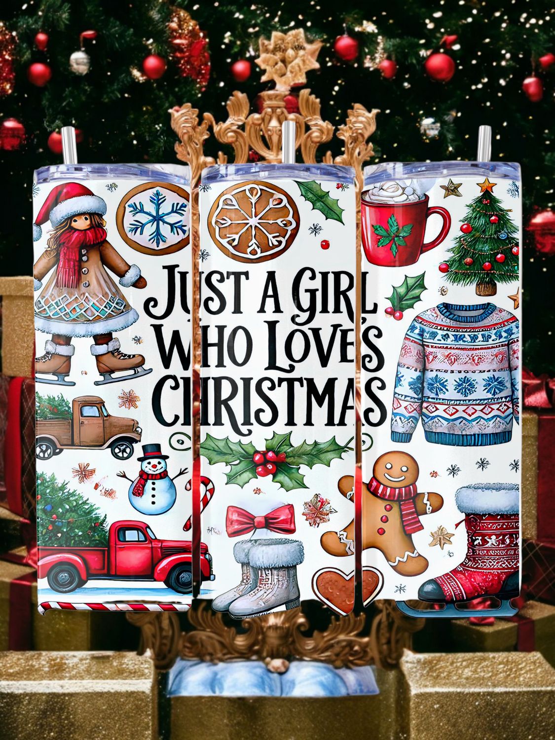 Just A Girl Who Loves Christmas Stainless Steel 20 oz. Skinny Tumbler