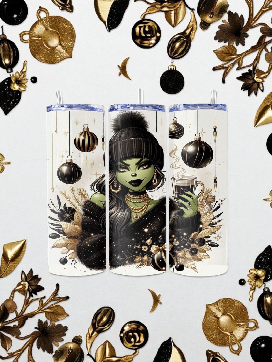 Bronze Goddess Grinch Stainless Steel 20 oz. Skinny Tumbler