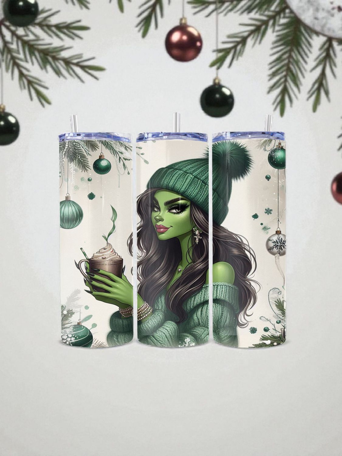 Green Grinch Lady Stainless Steel 20 oz. Skinny Tumbler