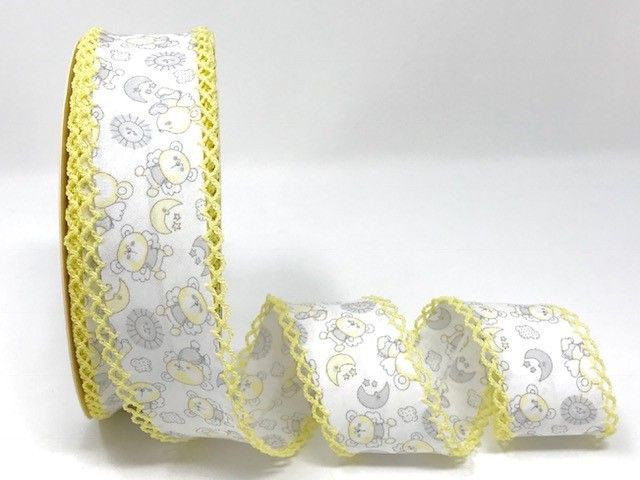 Teddies Grey Yellow - Bias Binding 36 mm Lace Edged - By Metre